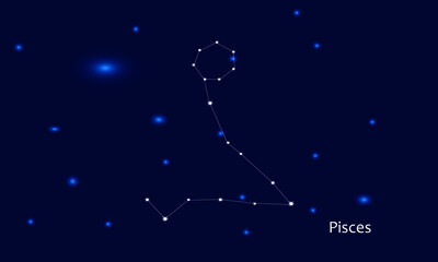 Pisces constellation. Starry sky. Dark blue space background. Bright shining stars. Zodiac constellations. Zodiac sign. Vector illustration.