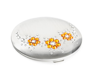 Silver cosmetic pocket mirror with gemstones isolated on white