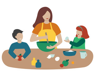 Mother daughter and son are cooking together in the kitchen. On the table are a bowl, flour, a measuring cup, eggs and fruit. Happy family - mom and children prepare meals. Isolated. Flat. Vector. 