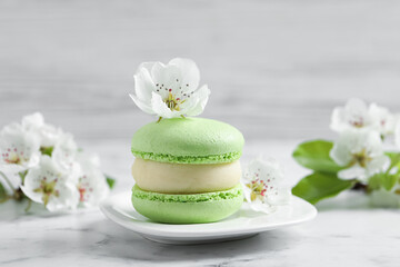 Fototapeta na wymiar Green macaron and flowers on white marble table