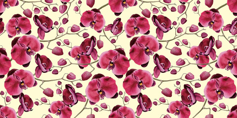 Watercolor pattern with orchids. Hand painted floral botanical ornament. For design, fabric or print. Pretty tiled template with spring floral design in purple orchid