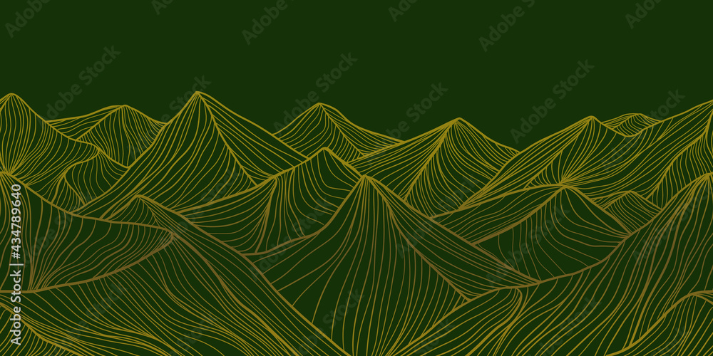 Wall mural gold and green banner mountains linear seamless pattern