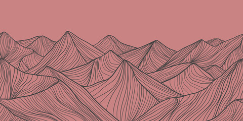 Pink and grey outline rock mountain tops header landscape seamless pattern 