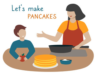 Let's make pancakes. A woman with a child makes pancakes for Shrovetide. Mom and son cook together. Hand drawn mother and baby in the kitchen. Flat style. Isolated on a white background. Vector.