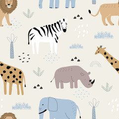 Obraz premium Seamless pattern with cute animals giraffe, lion, elephant, zebra and rhino, palm trees and clouds on a white background. Vector illustration for printing on fabric, packaging paper, postcard, poster