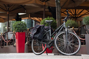 Bicycle parked under the tree by the cafe terrace