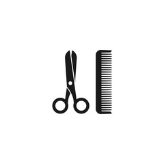 Black scissors and hair comb. Barber tools. Barbershop logo.