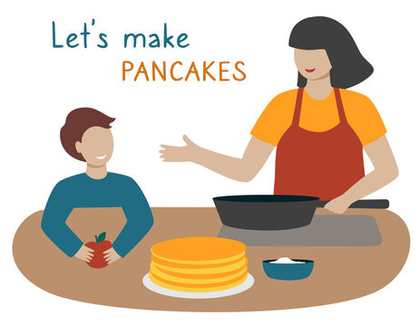 Let's make pancakes. A woman with a child makes pancakes for Shrovetide. Mom and son cook together. Hand drawn mother and baby in the kitchen. Flat style. Isolated on a white background. Vector.