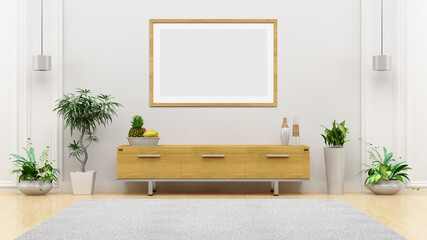 Horizontal frame mockup on the empty white wall with modern cabinet interior.