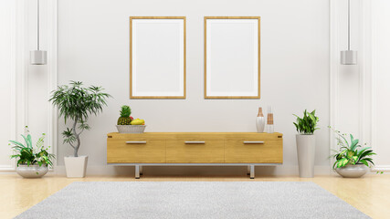 Two vertical frames mockup on the empty white wall with modern cabinet interior.