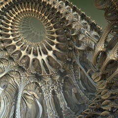 Complex biomechanical metal structure of an alien creators. Futuristic wallpaper. Fantastic extraterrestrial landscape. 3D illustration.