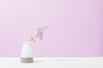 Flower branch of lilac in vase against background of light purple wall