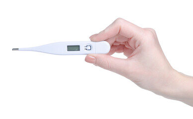 Electronic medical digital thermometer in hand isolated on the white background.