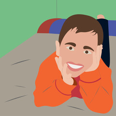 Niño sonriendo con las manos en el rostro, acostado arriba de la cama