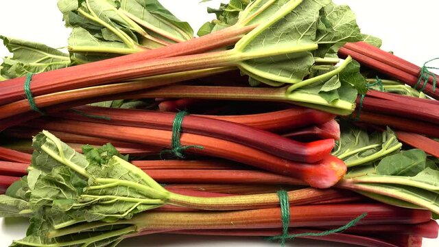 Bundles of fresh rhubarb lay on a retail counter in a store