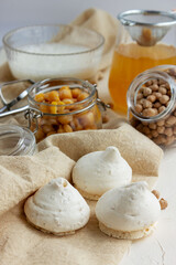 Vegan meringue, boiled and dried chickpeas, and aquafaba.