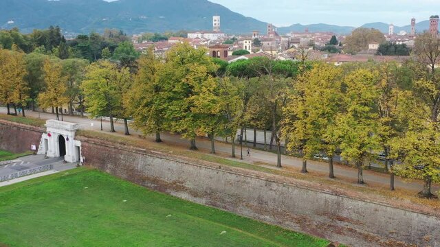 Aerial view of ancient town Lucca, Italy, Toscana region.