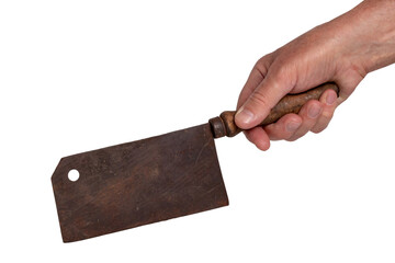 Hand holding a rusty old butcher cleaver with wooden handle isolated on a white background. Vintage butcher or kitchen knife with clipping path.