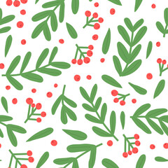 Cute hand drawn berries and leaves vector seamless pattern isolated on white. Flat woodland plant background. Natural sketch botanical wrapping paper, herbal textile, summer forest fabric print design
