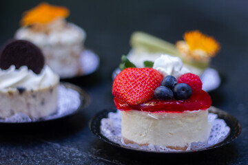 Mini cakes close up deserts in a garden