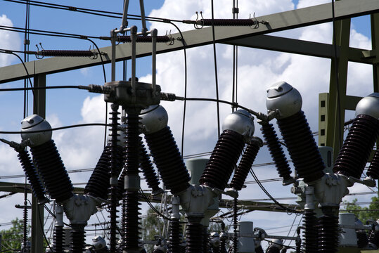 Transformers at city power factory. Photo taken March 12th, 2021, Zurich, Switzerland.