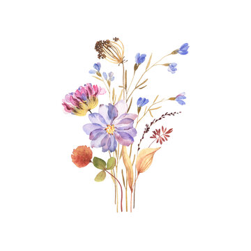 Bouquet, poster, card with colorful flowers in herbarium style. Watercolor dry flowers isolated on white background, hand painting image, print for invitation, greeting or congratulation cards.