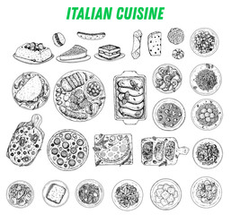 Italian Cuisine. Top view. Sketch illustration. Italian food. Design template. Hand drawn illustration. Black and white. Engraved style. Pasta and pizza, antipasto. Authentic dishes.