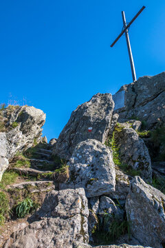 landscape in the mountains, peak with rock and cross - Germany, Nationalpark Bayerischer Wald