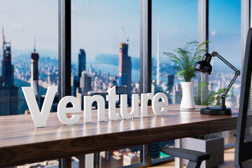 venture; office chair in front of modern workspace and panoramic skyline view; business concept; 3D Illustration