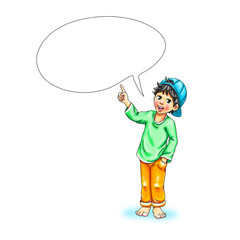 Junge Kleinkind mit Cap steht lächeln barfuß Schüler Teenager Zeigefinger zeigen lachen Freude Hinweis locker Hintergrund weiß Bildung Geschäft Vorlage freundlich Lockdown deuten hinweisen zeigen Spaß