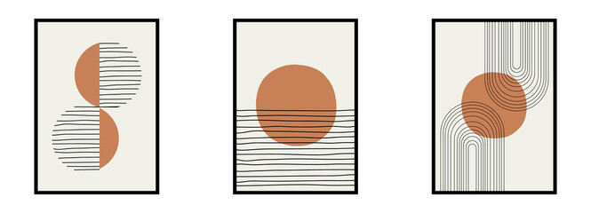 Fototapeta premium Abstract sun moon posters set. Modern minimalistic boho style backgrounds. Wall decor. Vector illustration