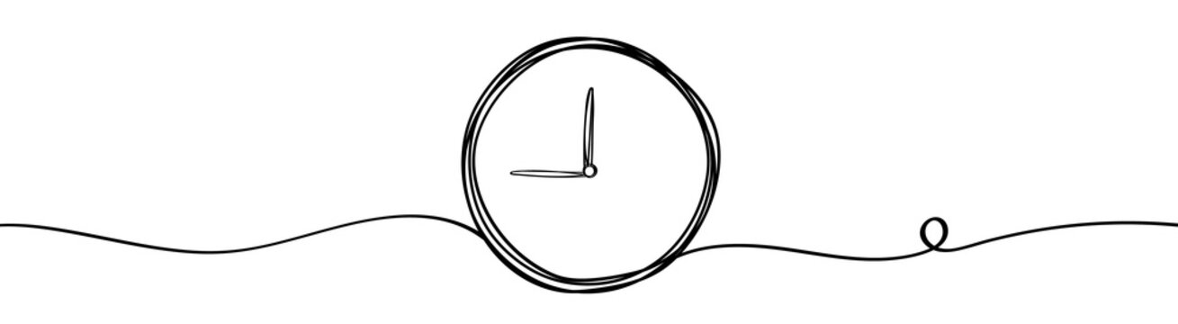 Continuous one line drawing clock icon with doodle handdrawn style. Self drawing. Vector illustration on white background.