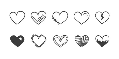 Set of hearts icons. Hearts doodles set. Hand drawn hearts collection. Vector illustration