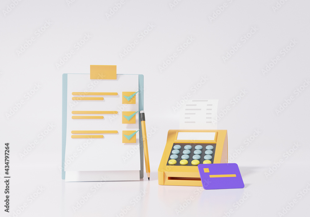 Aufkleber checklist on clipboard paper and card payment pos terminal. tick check correctness for online paymen