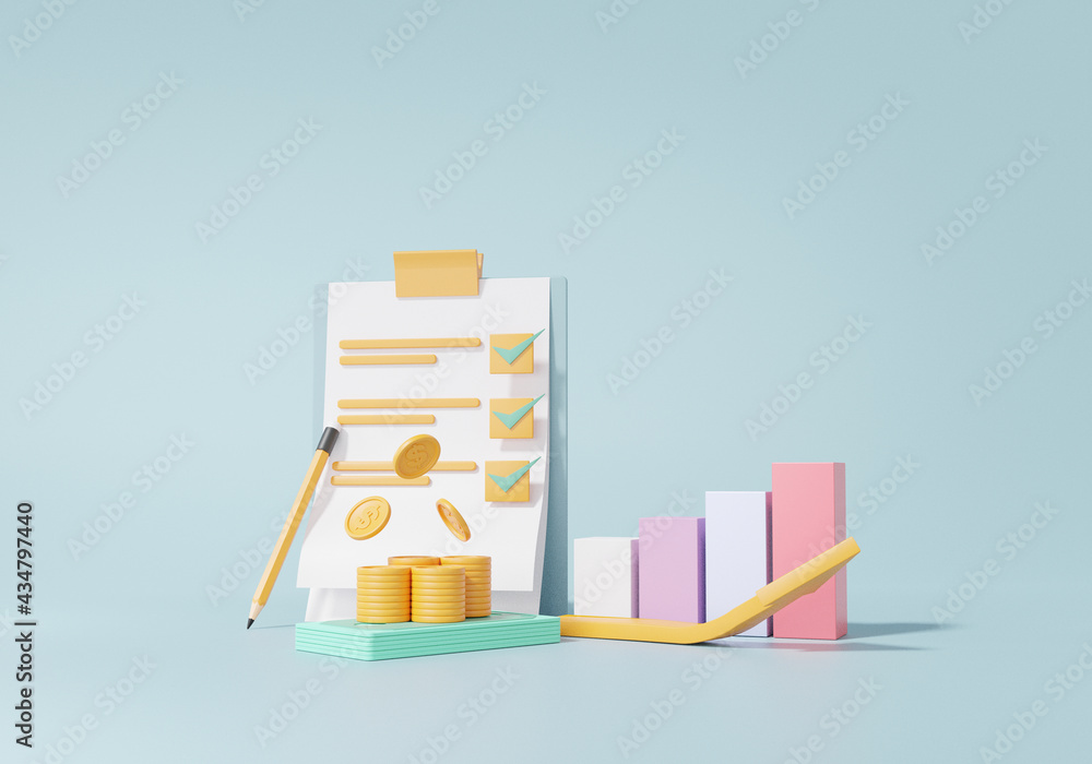 Poster checklist on a clipboard paper and growth stacks cash. development business graph growing future con