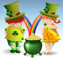 Red-haired girl in St. Patrick's green hat, yellow dress adorned with clover leaves