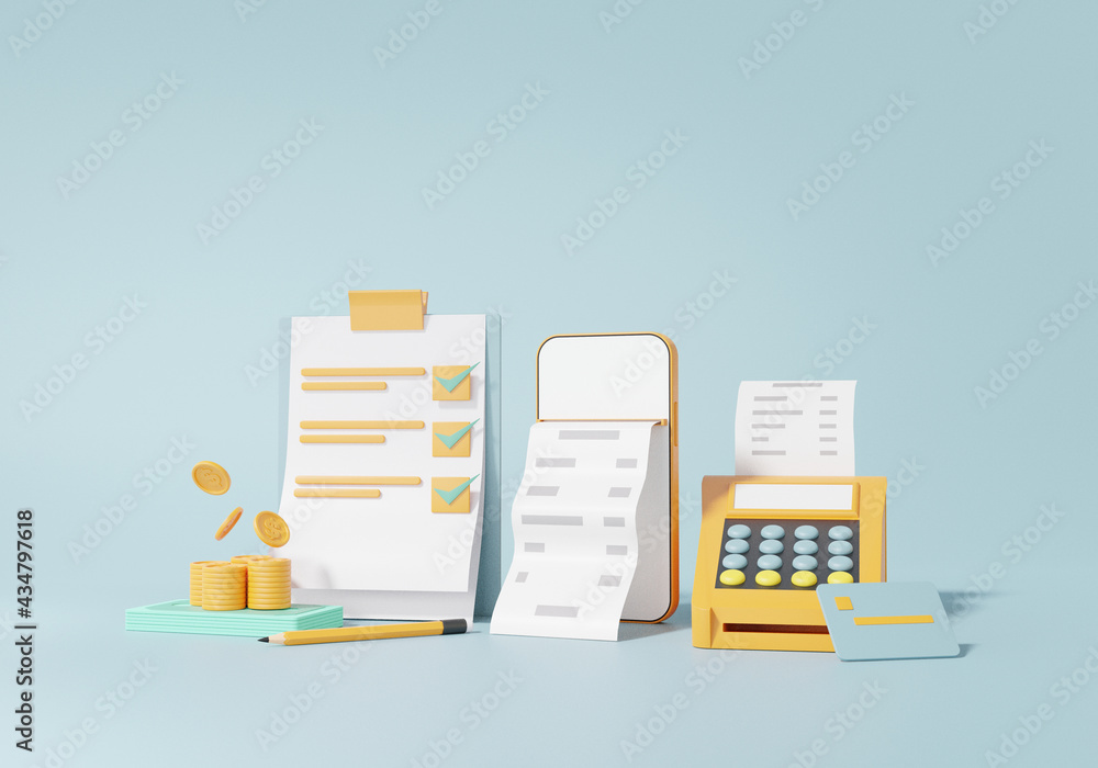 Poster checklist on clipboard paper and smartphone ,card payment pos terminal. bill money transactions tick