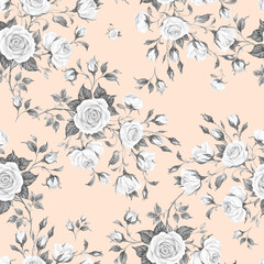 Seamless floral pattern drawn by paints on paper blooming branches of roses 