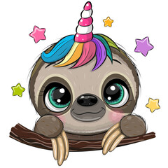 Cartoon Sloth with Unicorn Horn a white background © reginast777