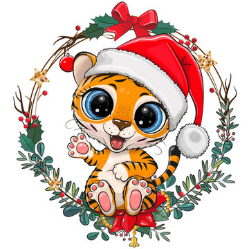 Cartoon Tiger in Santa hat with christmas wreath
