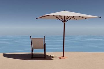 Beach, book and parasol. 3D rendering