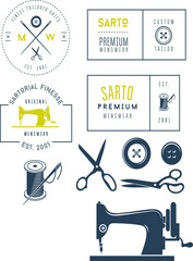 set of tailor sewing machine and sewing accessories label