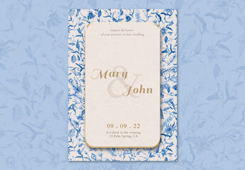 Wedding Invitation Card Template with Blue Watercolor Flowers Design