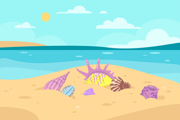 Fototapeta na wymiar Different colorful seashells on seashore vector illustration. Seashells of various shapes in sand, sea or ocean, sunny weather, blue sky, clouds. Holiday, vacation, summer, traveling concept