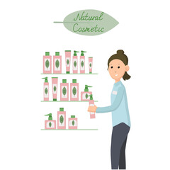 Cute young woman choosing natural cosmetics and eco products in store. Female shop assistant, cosmetic, skincare, makeup and beauty products buyer character. Vector illustration. Isolated background.
