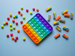 Rainbow Pop it fidget toy next to the colorful dragees and marmalade. Pop it - new fidget...