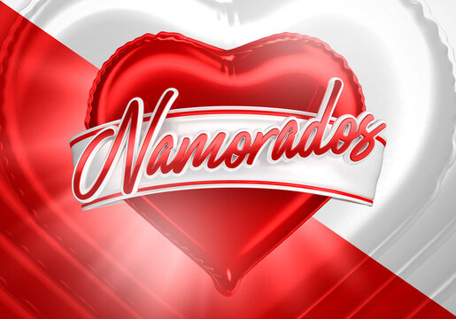 Label for valentines day in brazil. Pink heart and ribbon with name Valentine in Portuguese. The Name Namorados means Valentines . 3d illustration