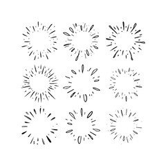 Star burst hand drawn doodles. Sunburst graphic design set. Handmade radial starburst illustrations.