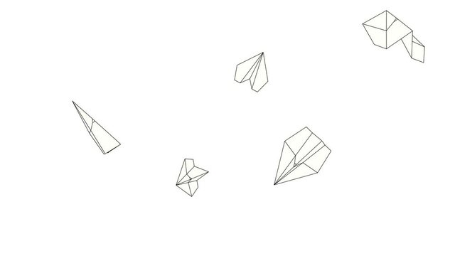 4k loop animation. Paper airplanes. 3d render. Airplanes flying by random trajectories.