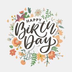 Beautiful happy birthday greeting card with flowers and bird. Vector party invitation with floral elements.